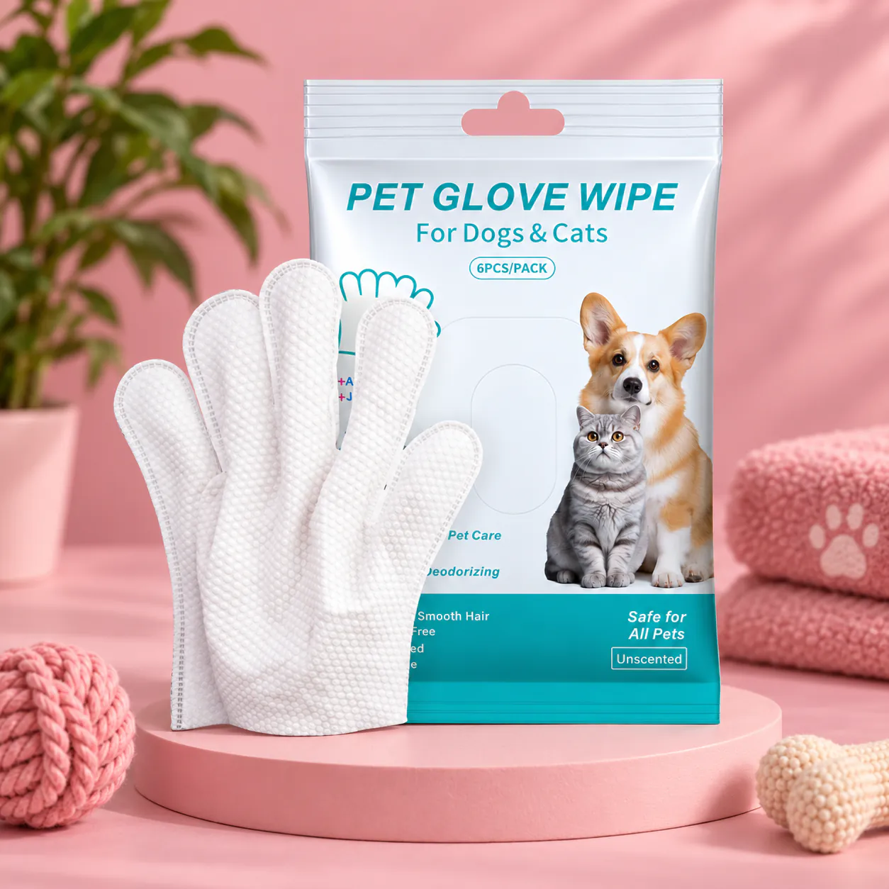 PET GLOVE WIPE pakovanje i bela rukavica u roze studijskom ambijentu